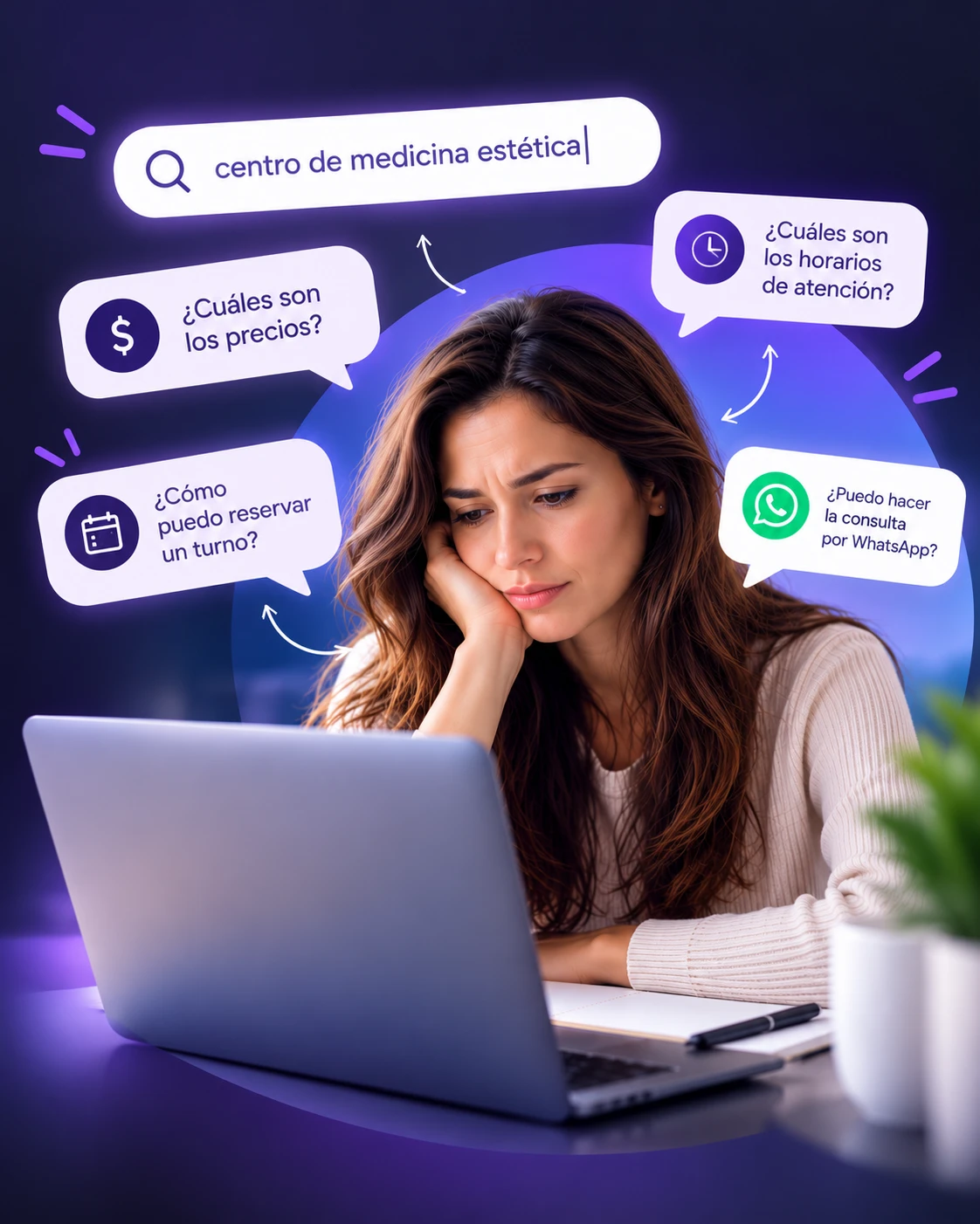 Mujer preocupada frente a su notebook, rodeada de las preguntas de un cliente: 'centro de medicina estética', ¿cuáles son los precios?, ¿cuáles son los horarios de atención?, ¿cómo puedo reservar un turno?, ¿puedo hacer la consulta por WhatsApp?